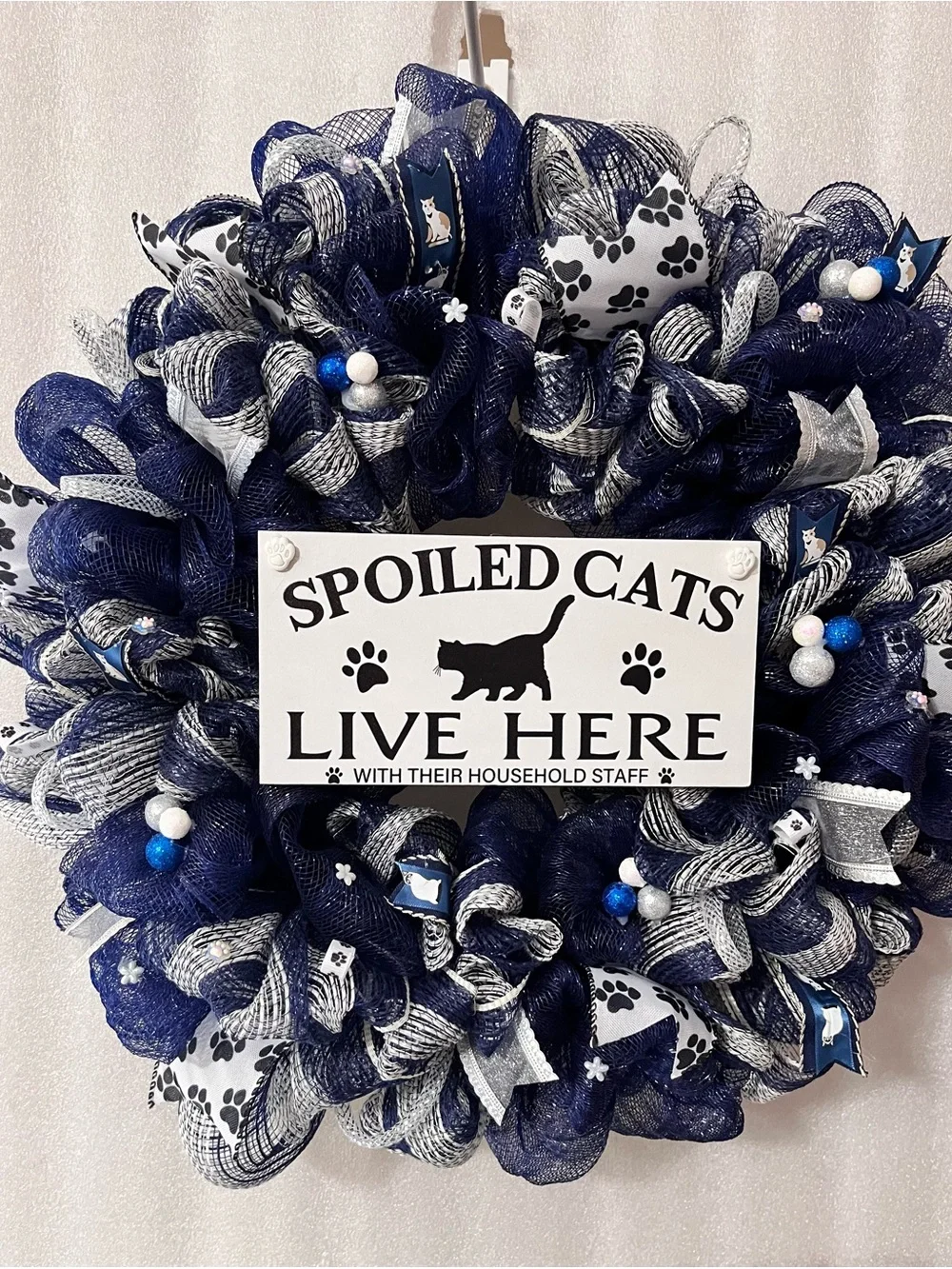 Spoiled Cats Live Here Navy & Silver Cat Wreath